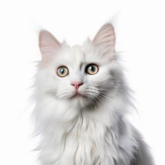 Obraz premium Confused Turkish Angora Cat with Tilted Head on White Background