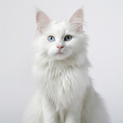 Visibly Sad Turkish Angora Cat with Isolated White Background