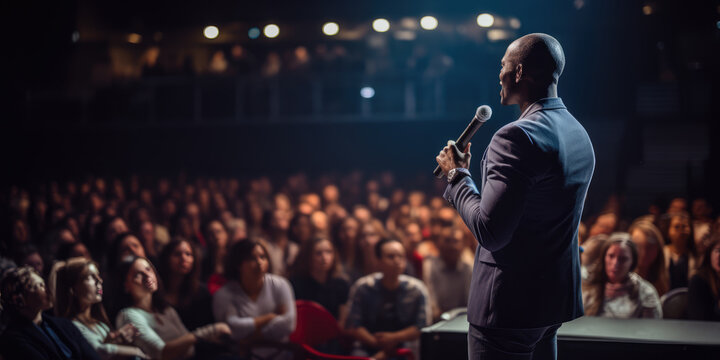 Speaker performing on stage with spotlight talking to many people in audience, event professional.
