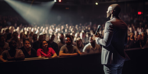 Speaker performing on stage with spotlight talking to many people in audience, event professional.