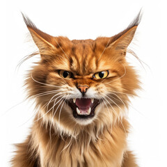 Angry Somali Cat Hissing Aggressively on White Background