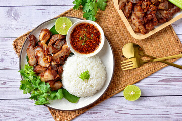Fried Pork with Rice with Thai Style Sauce , top view, thai call kao moo tod