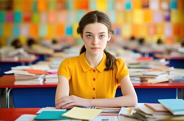 Girl sitting at a desk in a classroom,