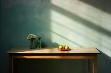 Rustic wooden table with a blue wall