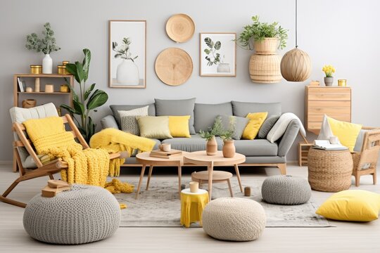 Create an elegantly designed living room interior that incorporates a gray sofa, wooden cube, vibrant flowers, cozy pillows, macrame artwork, a yellow pouf, a trendy rattan lamp, a decorative basket