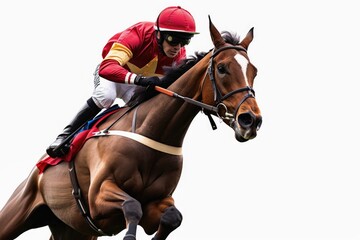 A jockey on a horse isolated on a white background.