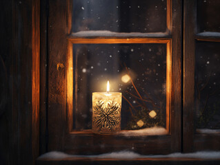 Lit candle in a glass jar with a snowflake design, in a frosted window with a layer of snow on the sill, against a dark and snowy background with falling snowflakes. - Powered by Adobe