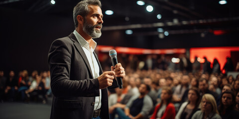 Speaker performing on stage with spotlight talking to many people in audience, event professional.