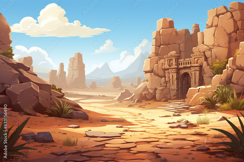 Wall mural abstract 2d desert ancient ruins background environment for adventure or battle mobile game. cartoon