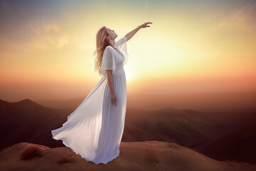 Fototapeta na wymiar Blonde Beauty: A Serene Sunset Pose in a White Dress, ai generative