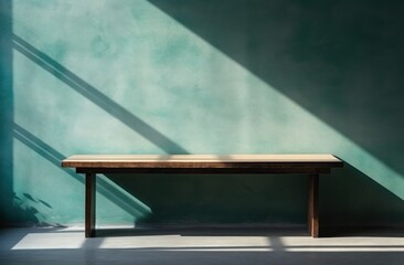 Rustic wooden table with a blue wall