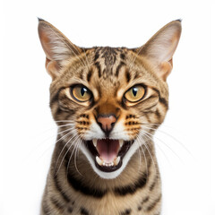 Angry Ocicat Cat Hissing Aggressively on White Background