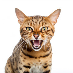 Obraz premium Angry Ocicat Cat Hissing Aggressively on White Background