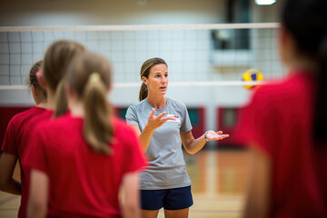 a volleyball coach showing youth players how to serve - obrazy, fototapety, plakaty