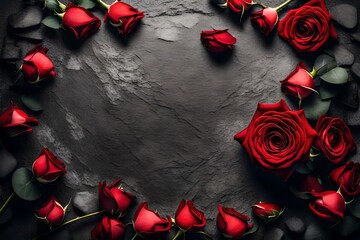 Valentine`s day greeting card with red rose flowers bouquet on stone background. Top view with space for your greetings