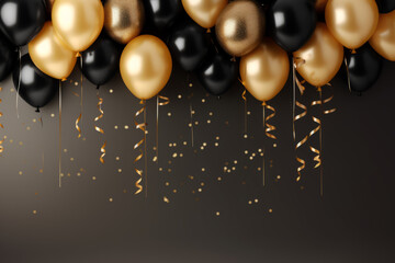 Party balloons, decoration background for birthday, anniversary, wedding, holiday, beige, black and gold glitter color composition, with space for text