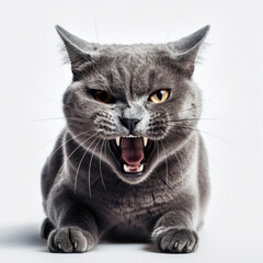 Obraz premium Angry Russian Blue Cat Hissing Aggressively on White Background