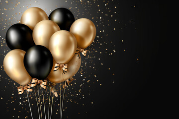 Party balloons, decoration background for birthday, anniversary, wedding, holiday, beige, black and gold glitter color composition, with space for text - 633157453