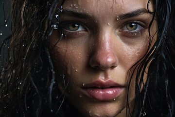 Illustration of a girls face with water drops. Wet face. Sweating. Rain. Generative AI.