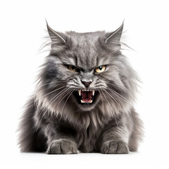 Fototapeta premium Angry Nebelung Cat Hissing Aggressively on White Background