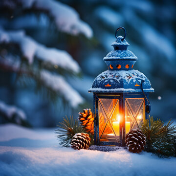 Christmas lantern on snow with fir branch in evening scene