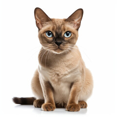 Fototapeta na wymiar Visibly Sad Burmese Cat with Ears Down on White Background
