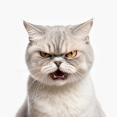 Angry Burmilla Cat Hissing Aggressively on White Background