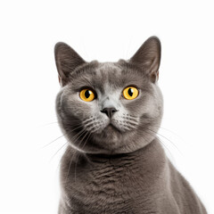 Confused Chartreux Cat with Tilted Head on White Background