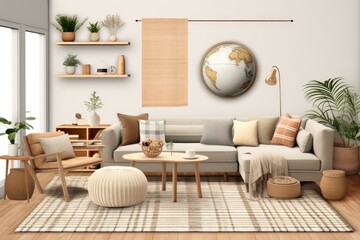 Home decor template featuring a spacious and versatile living area that boasts a modular sofa, a wooden coffee table, a large window, a neutral beige rug, a braided plaid, cozy pillows, a round table