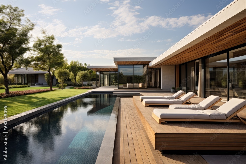 Sticker A contemporary home featuring a swimming pool accompanied by comfortable sun loungers.