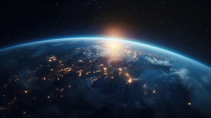 Planet Earth at night with city light illumination. View from space.  - obrazy, fototapety, plakaty