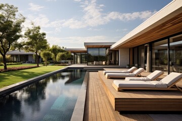 Fototapeta premium A contemporary home featuring a swimming pool accompanied by comfortable sun loungers.