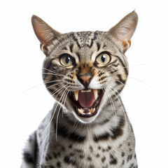 Obraz premium Angry Egyptian Mau Cat Hissing Aggressively on White Background
