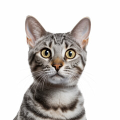 Confused Egyptian Mau Cat with Tilted Head on White Background