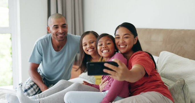 Bedroom, selfie and family with happiness, quality time and love with happy memory morning and profile picture. Photo, parents and kids with joy, home and female children with mother, relax or father