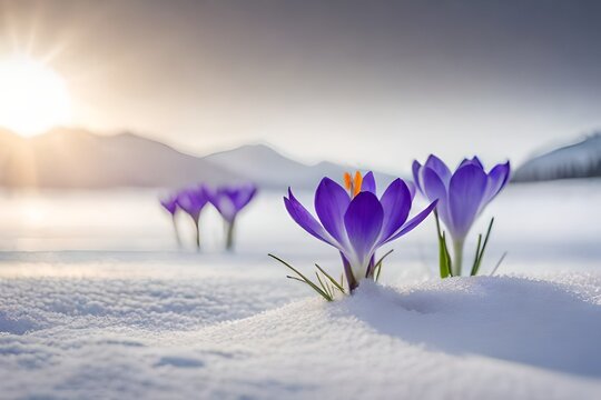 spring crocus flowers in snow