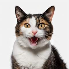Angry Japanese Bobtail Cat Hissing Aggressively on White Background