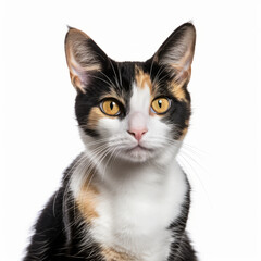 Fototapeta premium Confused Japanese Bobtail Cat with Tilted Head on White Background