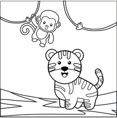 Cute tiger and monkey coloring page