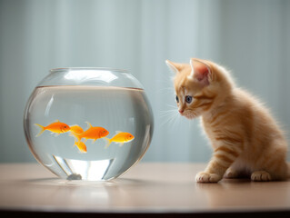 Cute kitten standing near auqarium with goldfish - obrazy, fototapety, plakaty