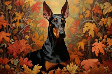 Majestic dobermann dog posing over autumns leaves as background