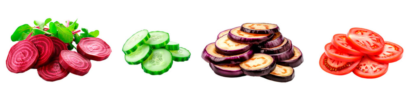 Set of beet, cucumber, eggplant and tomato slices on isolated transparent background