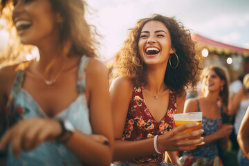 Group of friends having great time on music festival in the summer. Two young woman drinking beer and having fun at Beach party together. Happy girlfriends, Summer holiday, hipster girls vacation - obrazy, fototapety, plakaty