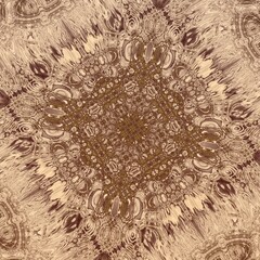 Kaleidoscopic fractal pattern with many small details. Brown shades and colors.