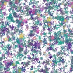 Emerald green, purple, magenta and yellow flowers with liquid texture. Seamless background.