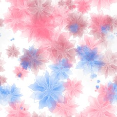 Pink and blue transparent flowers on the white background. Seamless pattern. Pattern for wrapping, textile, print