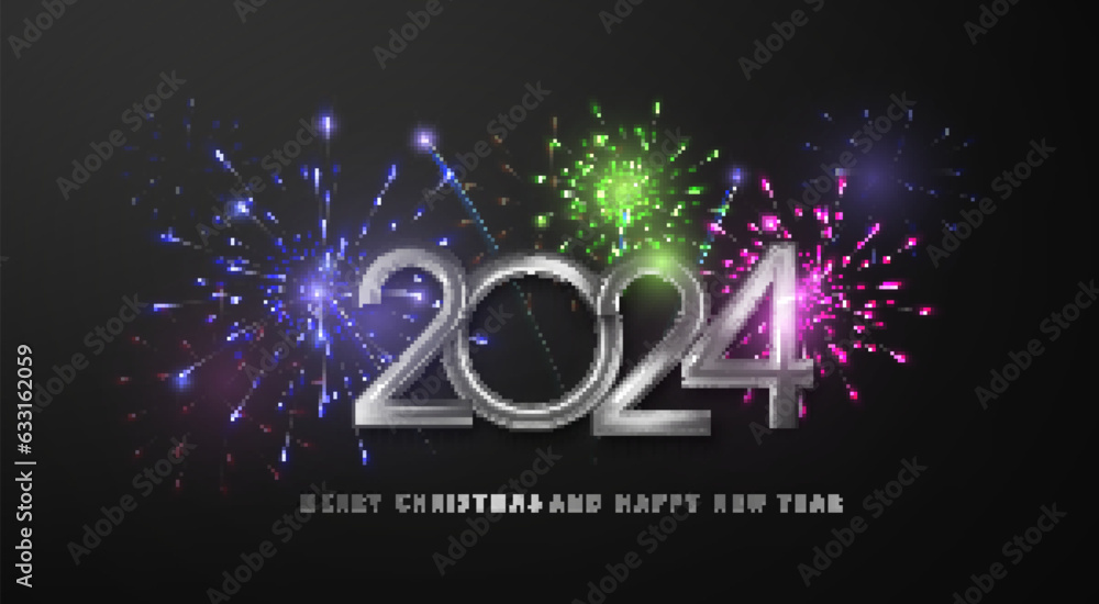 Poster 2024 silver numbers with multi-colored firework lights. happy new year 2024 banner with flickering f