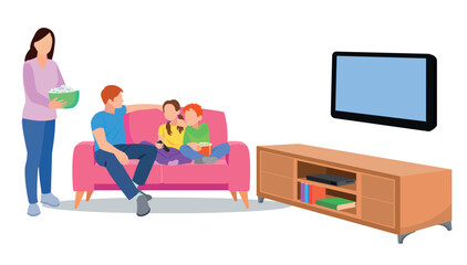 Happy family watching television together in living room. Family illustration in cartoon style