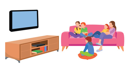 Happy family watching television together in living room. Family illustration in cartoon style