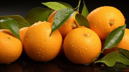 Photo of a vibrant display of fresh oranges with leaves on a wooden table